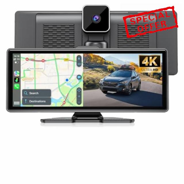 10.26" Wireless Car Play Screen 4K Dash Cam Carplay & Android Auto Car Stereo Car Tablet Audio Receivers with 1080P Backup Camera GPS Navigation/64G SD Card/Mirror Link/Voice Control/Siri/AUX/FM