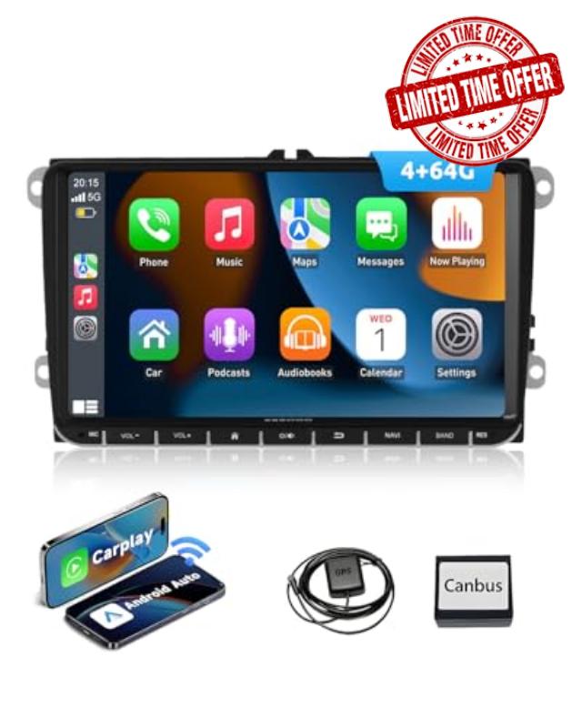 ESSGOO 4+64G Car Radio with Wireless Carplay and Android Auto for VW Golf 5 6 Polo Passat Touran Skoda Seat