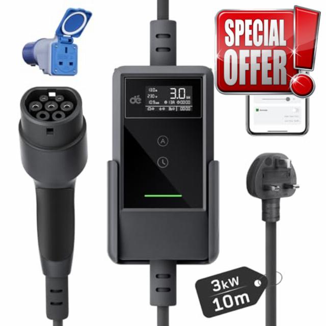 dé EV Charger 3 Pin Plug 3kW App [10m