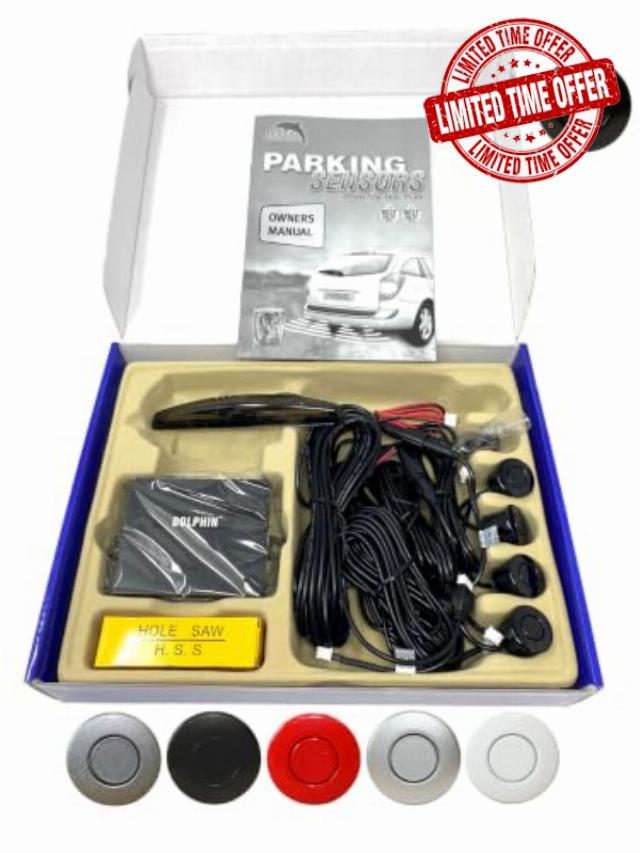 Dolphin Automotive DPS450X Reverse Parking Sensors Audio With LED Display (Gloss Black) | Ultrasonic Radar Semi Flush Insert Sensors. DIY Fitting On Rear In Black White Silver Red Grey.