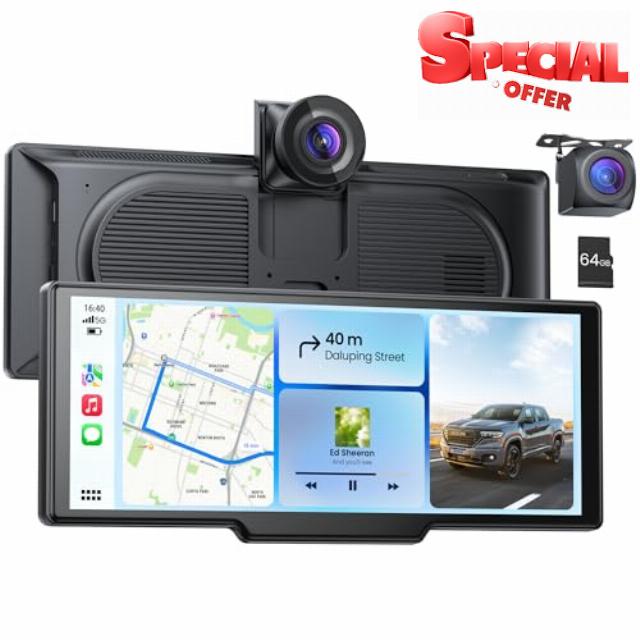 9.26" Portable CarPlay Screen for Apple Carplay & Android Auto with 4K Dash Cam & HD Backup Camera