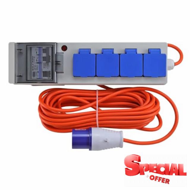 RCD Protected 4 Way 16A Motorhome/Caravan/Camping Mains Electric Hook Up Lead 15m