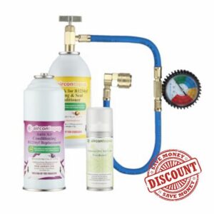 AirconTopup Car Aircon R1234yf Compatible Refrigerant x1 Leak Sealer x1 for Hybrid or Electric Vehicles Sanitiser x1 with Filler Ki