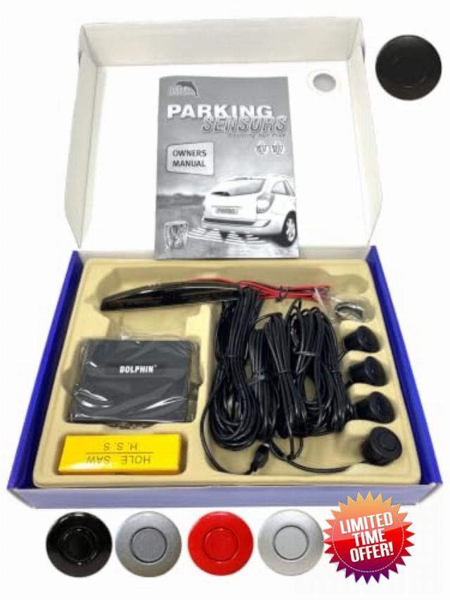 Dolphin Automotive DPS450X Reverse Parking Sensors Audio With LED Display (Matt Black) | Ultrasonic Radar Semi Flush Insert Sensors. DIY Fitting On Rear In Black White Silver Red Grey.