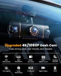 4K + 3 x 1080P Dash Cam Front/Rear/Inside/Side 360°View Car Camera Built-in 5G WiFi GPS