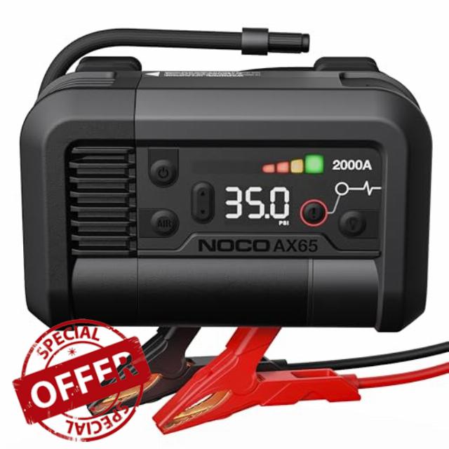 NOCO Boost+Air AX65: 2000A Jump Starter with Air Compressor Tyre Inflator – Starts 8.0L Gas & 6.0L Diesel – 67 SLPM Airflow Inflates 0–40 PSI in 2 Minutes