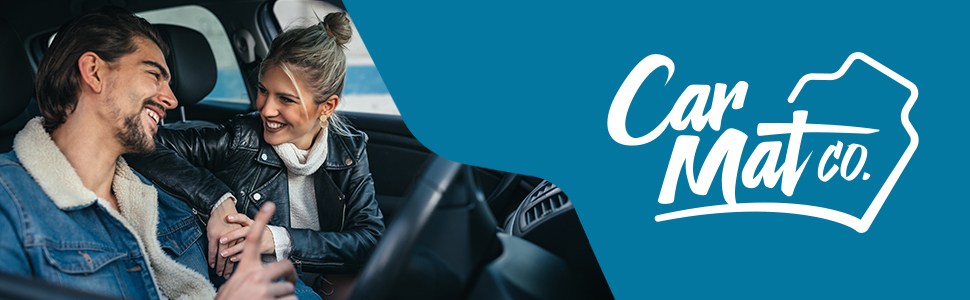 Two people smiling in a car with 'Car Mat Go' logo in corner. Blue tinted image shows interior of vehicle.