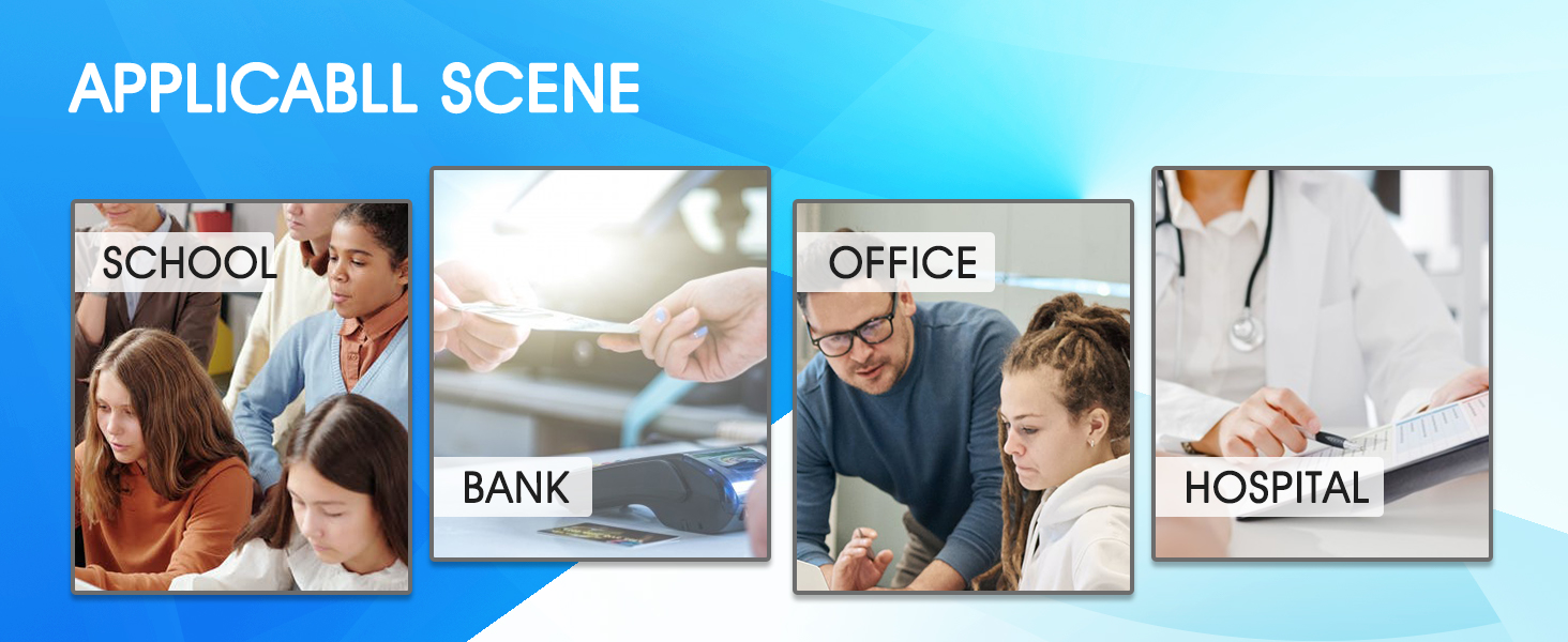 Four-panel image showing product applications in school, bank, office, and hospital settings, labeled 'APPLICABLE SCENE'.