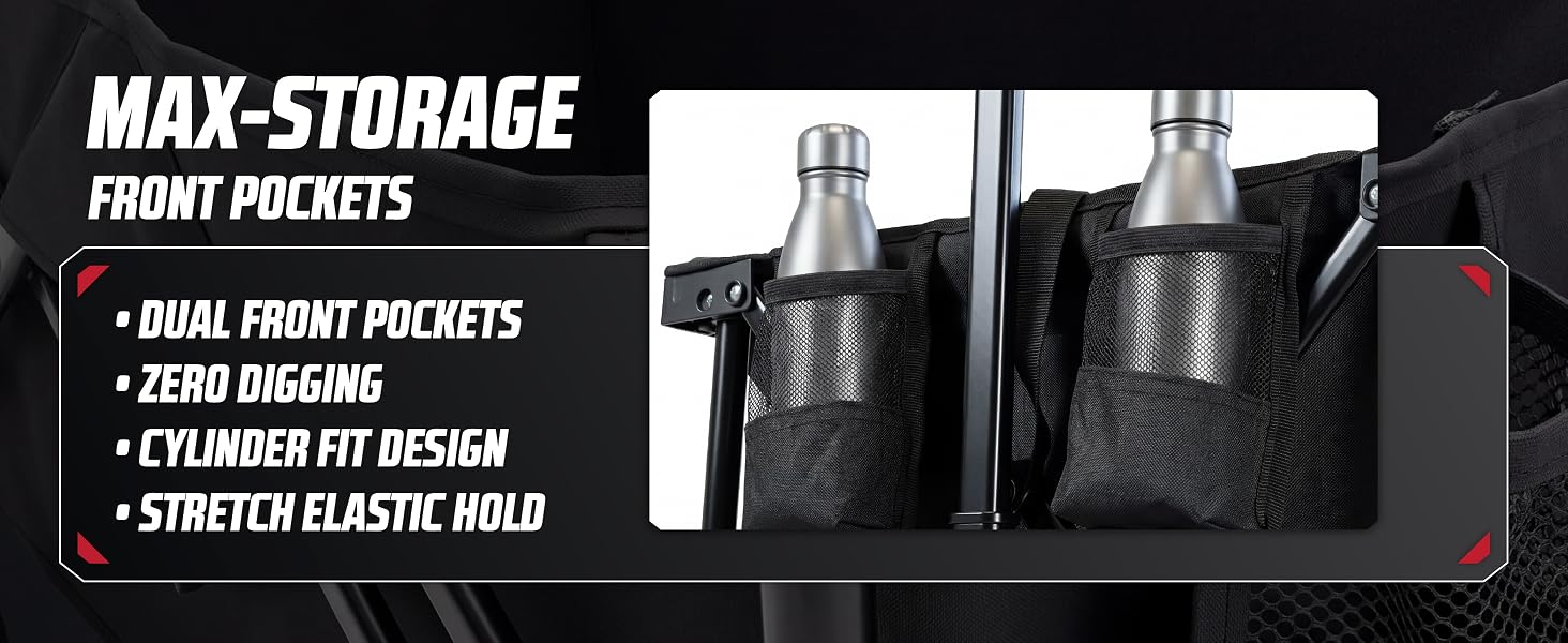 Text reads 'MAX-STORAGE FRONT POCKETS', 'DUAL FRONT POCKETS', 'ZERO DIGGING', 'CYLINDER FIT DESIGN', 'STRETCH ELASTIC HOLD'. Black apron with front pocket design displayed with product specification details and functional feature callouts.