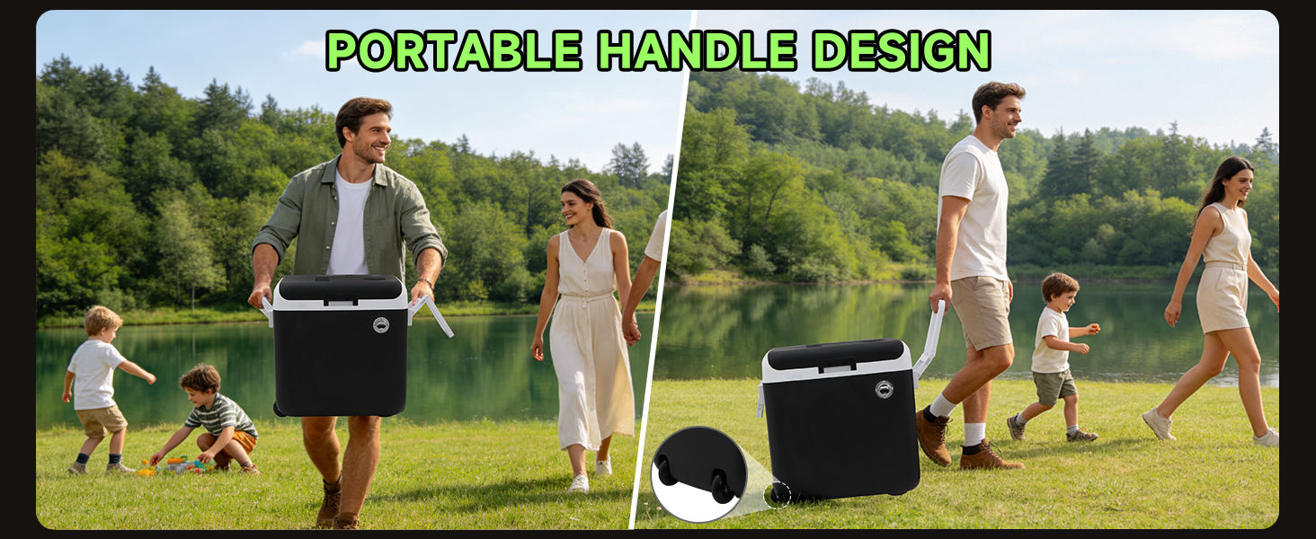 Text reads 'PORTABLE HANDLE DESIGN'. Outdoor scene showing multiple people with a portable black cooler/container with handle at lakeside gathering during daytime.