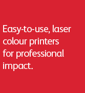 Text reads: 'Perfect Fit. A versatile range of A4 colour and black & white printers. Easy to setup and manage with enduring quality and durability.' Image shows hands holding photo prints above printer.