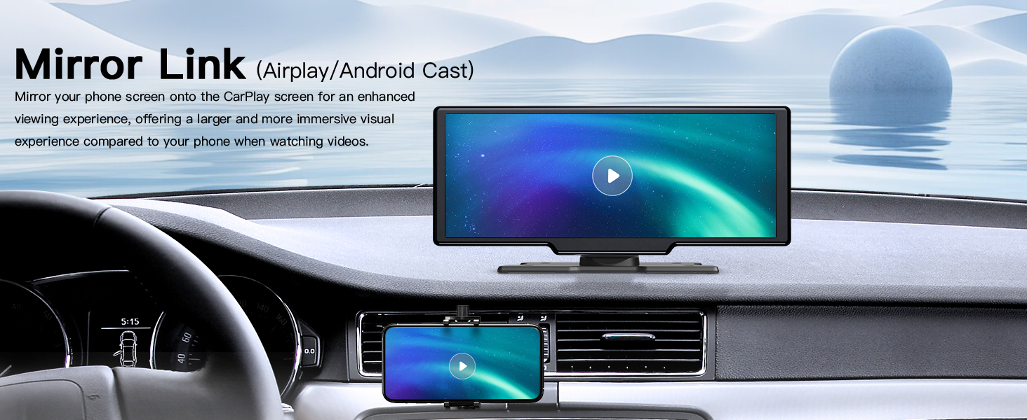 Text reads 'Mirror Link'. Multiple views of car dashboard with connected device screen mirroring display.
