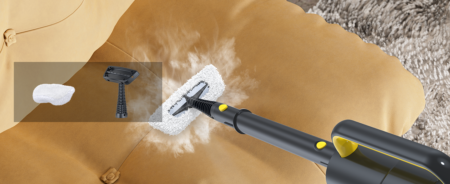 Sequence showing steam cleaning or sanitizing process on golden-colored surface, with cleaning device and vapor visible.