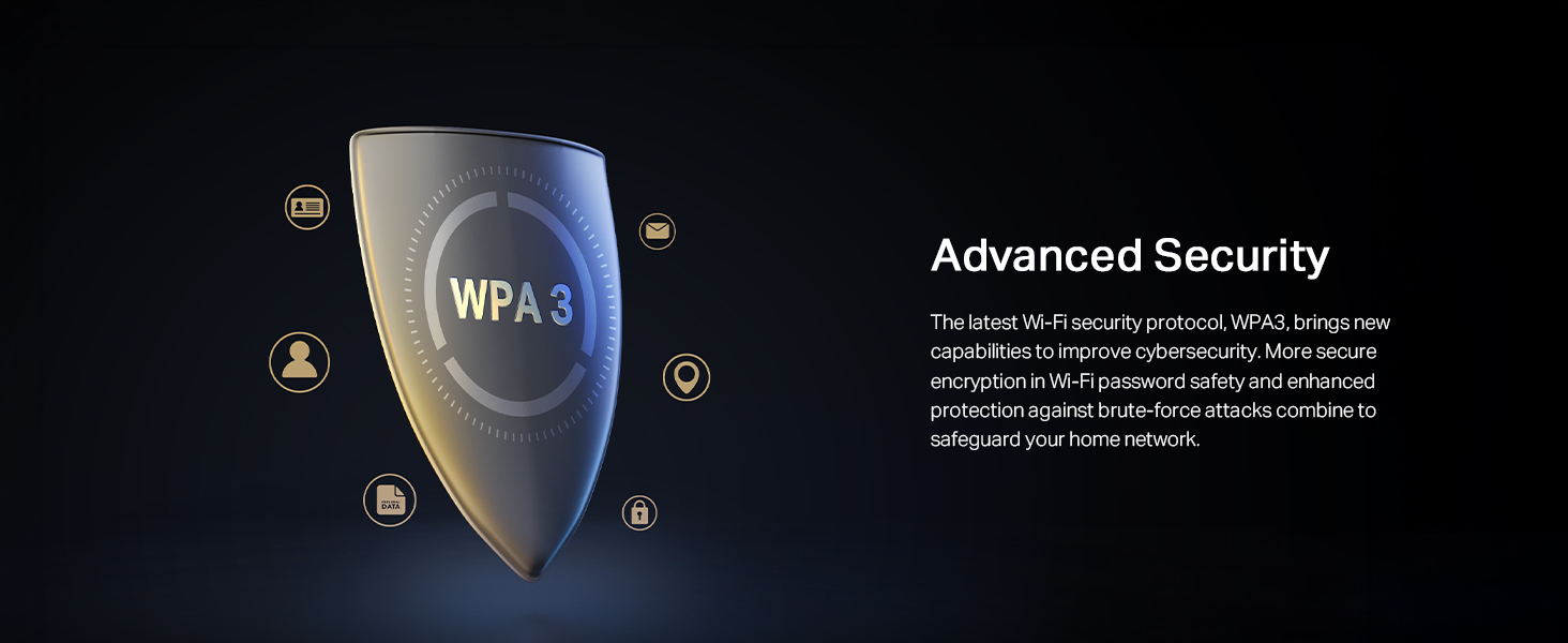 Text reads 'WPA3' and 'Advanced Security'. Digital illustration of a metallic shield with glowing icons around its perimeter against dark background, representing cybersecurity protection.