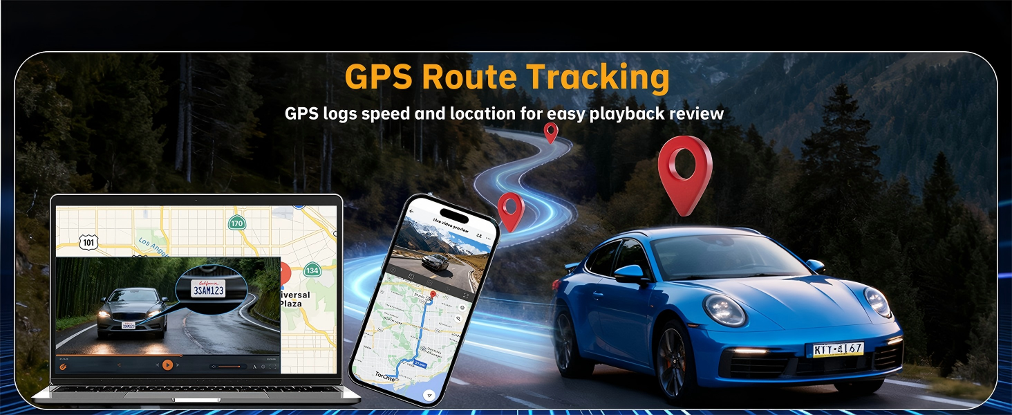 Text reads 'GPS Route Tracking' and 'GPS bike camera and recording for daily journeys. Secure.' Blue sports car displayed with smartphone showing GPS map interface and red location pin marker.