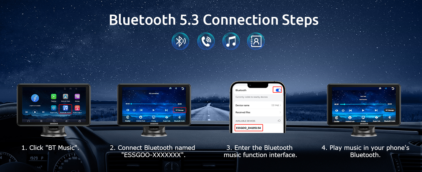 Text reads 'Bluetooth 5.3 Connection Steps'. Series of technical interface screenshots showing bluetooth pairing process with blue-themed displays.