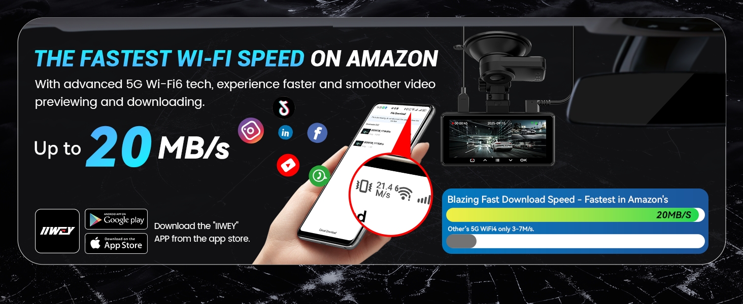 Text reads 'THE FASTEST WI-FI SPEED ON AMAZON' and 'Up to 20 MB/s'. Dark promotional banner showing mobile device with speed indicator graphics and download progress bar.