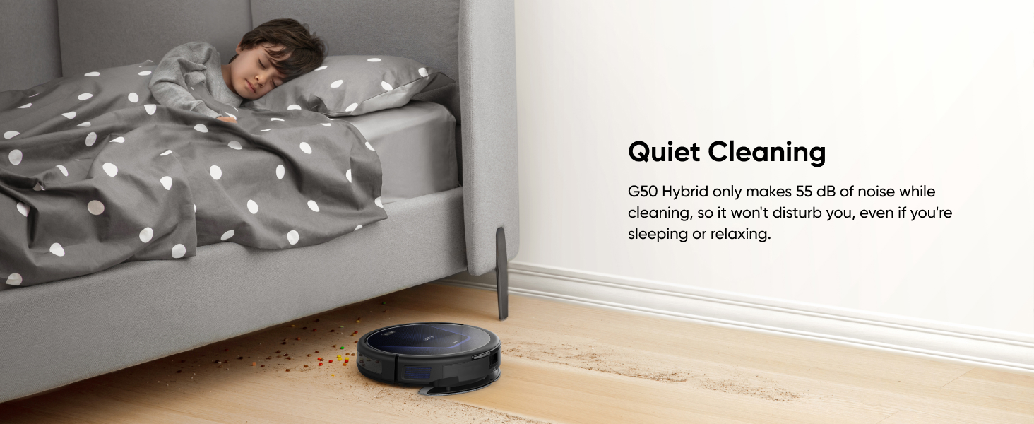 Robot vacuum cleaner operating near a bed with sleeping person, emphasizing quiet cleaning functionality even during rest.