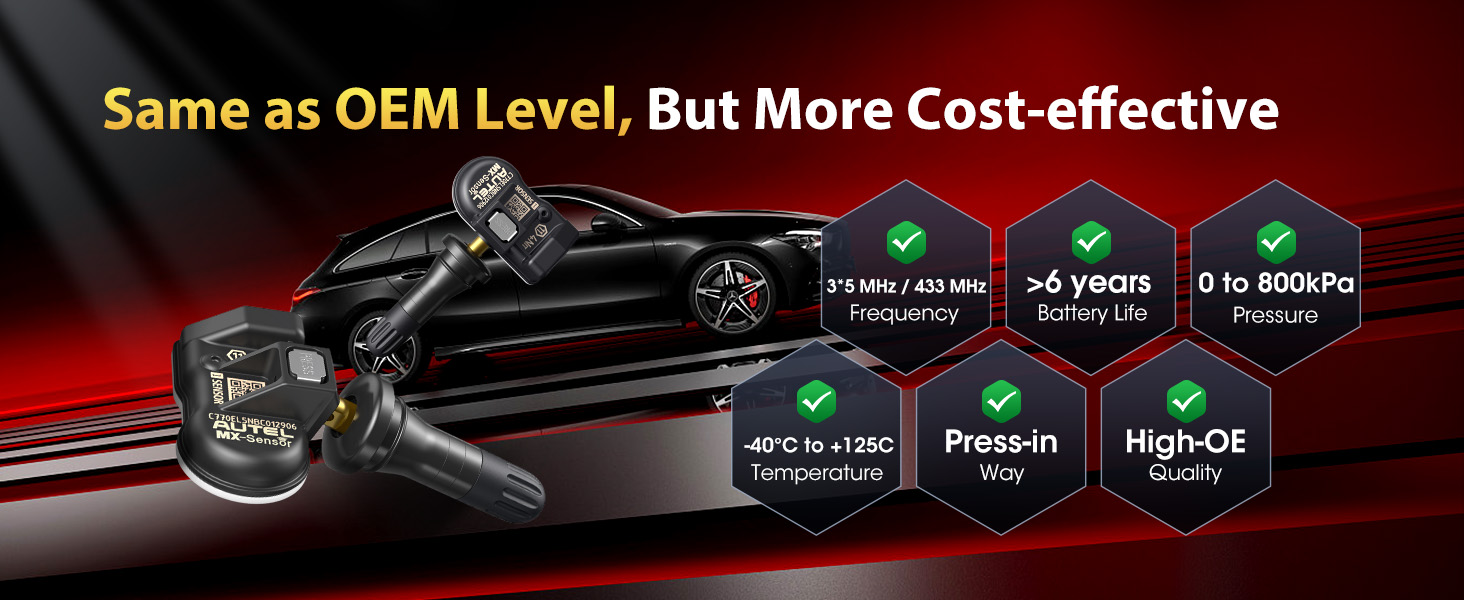 Marketing graphic showing automotive product benefits with hexagonal icons displaying features like '5+ years lifespan' and 'OE quality' against red and black background with car silhouette.