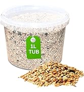 Series of clear plastic tubs showing beige/brown pet food or treats scattered across images. Green 'TUB' label visible on container.