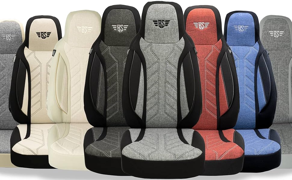 Row of car seats in various colors including beige, gray, red, and blue, showcasing different upholstery patterns and designs.