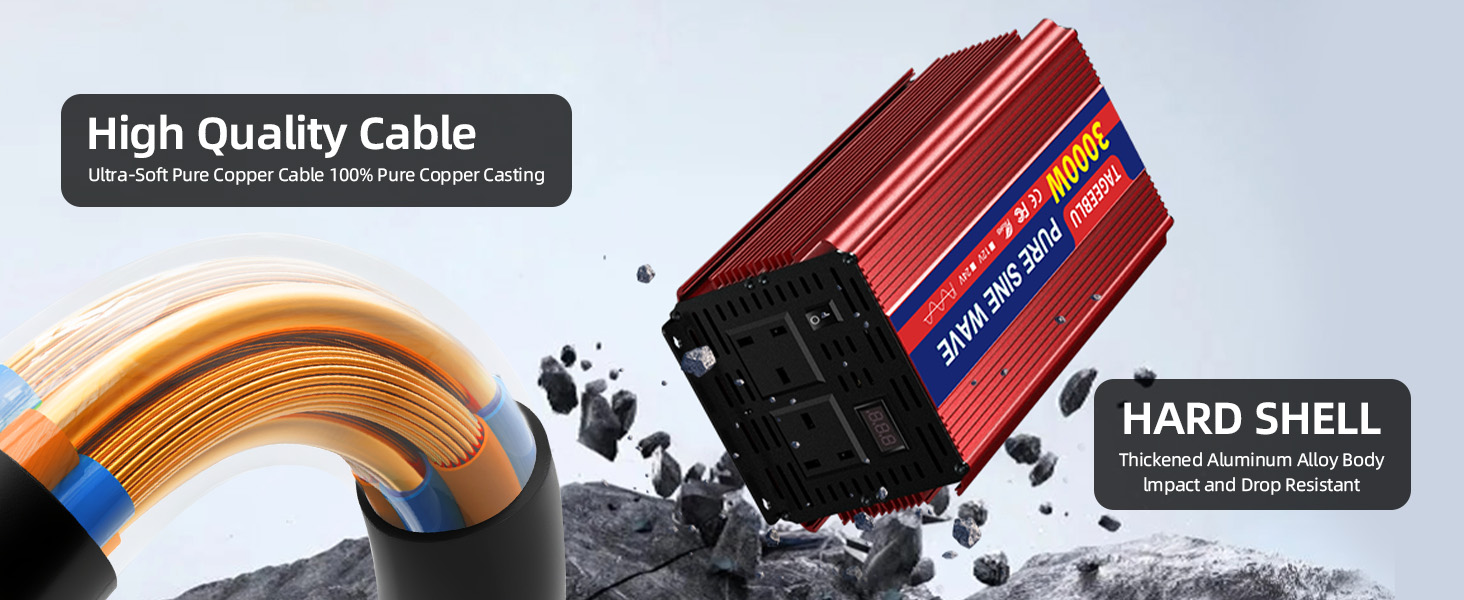 Text reads 'High Quality Cable' and 'HARD SHELL'. Product accessories and cable components shown in a technical layout.