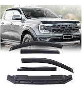 Multiple views of automotive side window visors or rain guards in black finish, showing different installation angles and mounting positions.