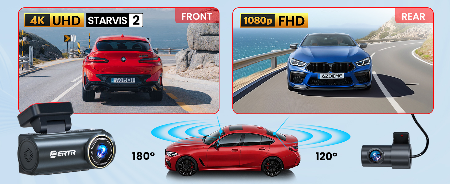 Text reads: '4K UHD', 'STARVIS 2', 'FRONT', '1080P FHD', 'REAR', '180°', '120°'. Dual dash camera system shown with red and blue cars demonstrating recording angles.