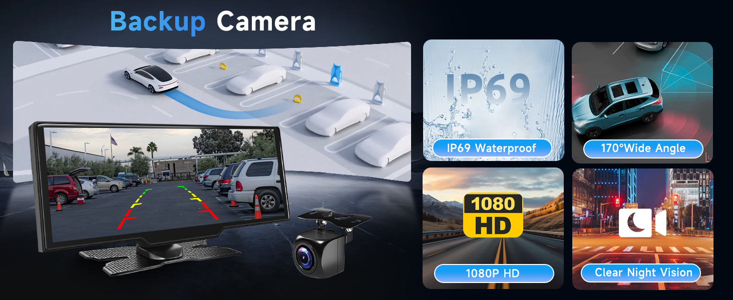 Backup camera system display showing rear view of cars, with additional features like night vision and HD resolution highlighted in blue boxes.