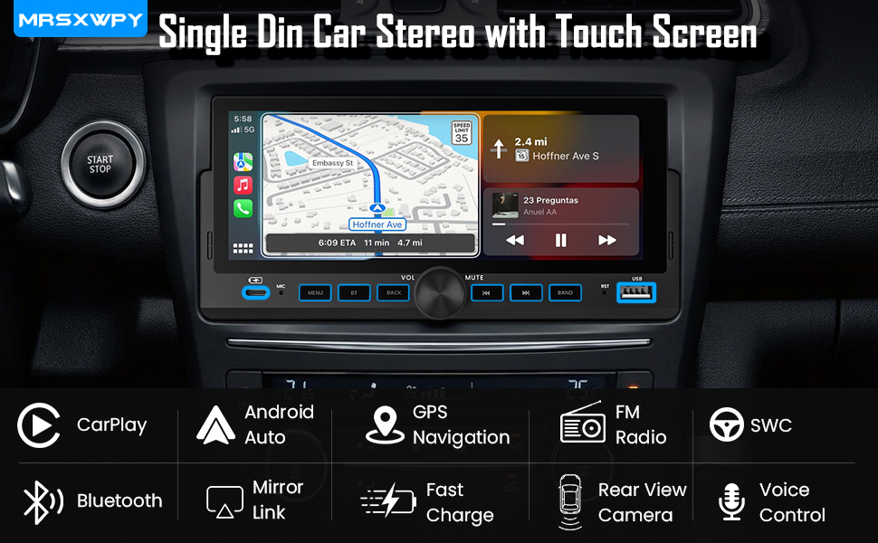 Text reads 'Single Din Car Stereo with Touch Screen'. Car stereo unit interface showing various functions including Bluetooth, GPS, and media controls with illuminated display.