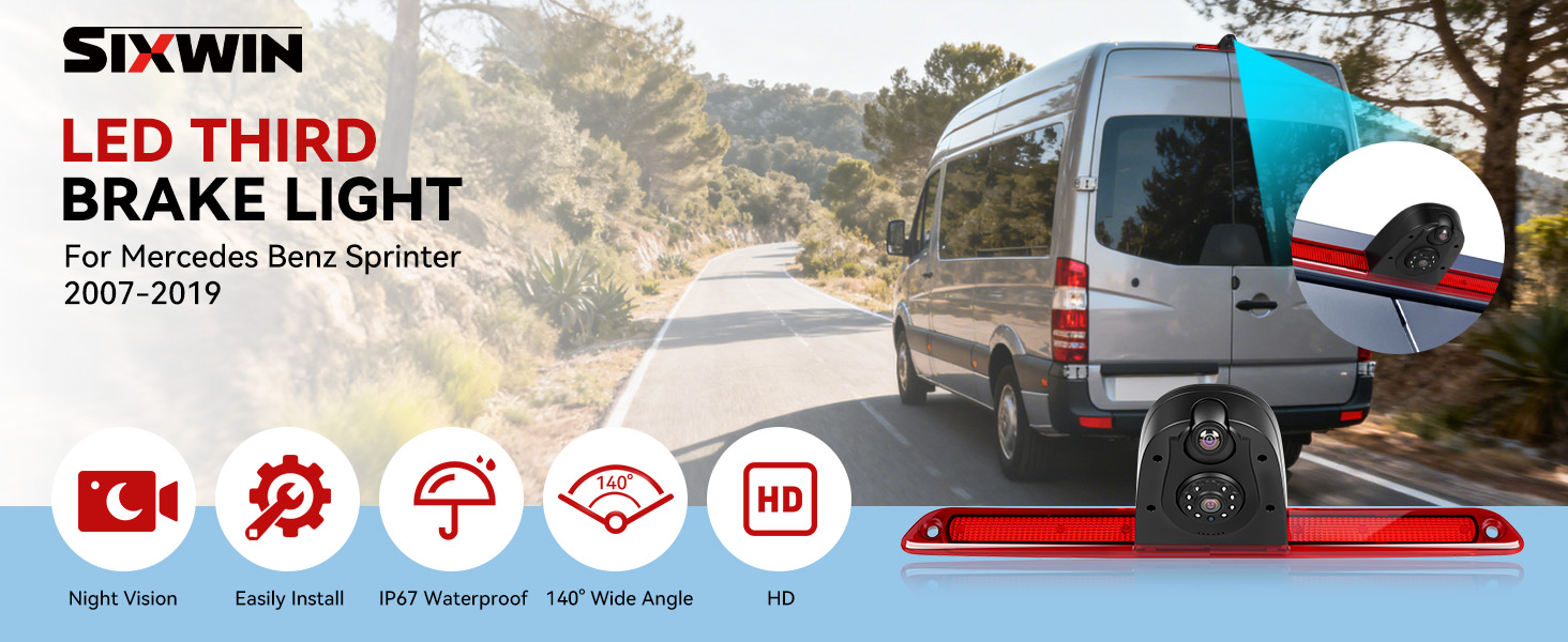 Text reads 'SIXWIN LED THIRD BRAKE LIGHT For Mercedes Benz Sprinter 2007-2019'. Product image showing automotive brake light with multiple function indicators.