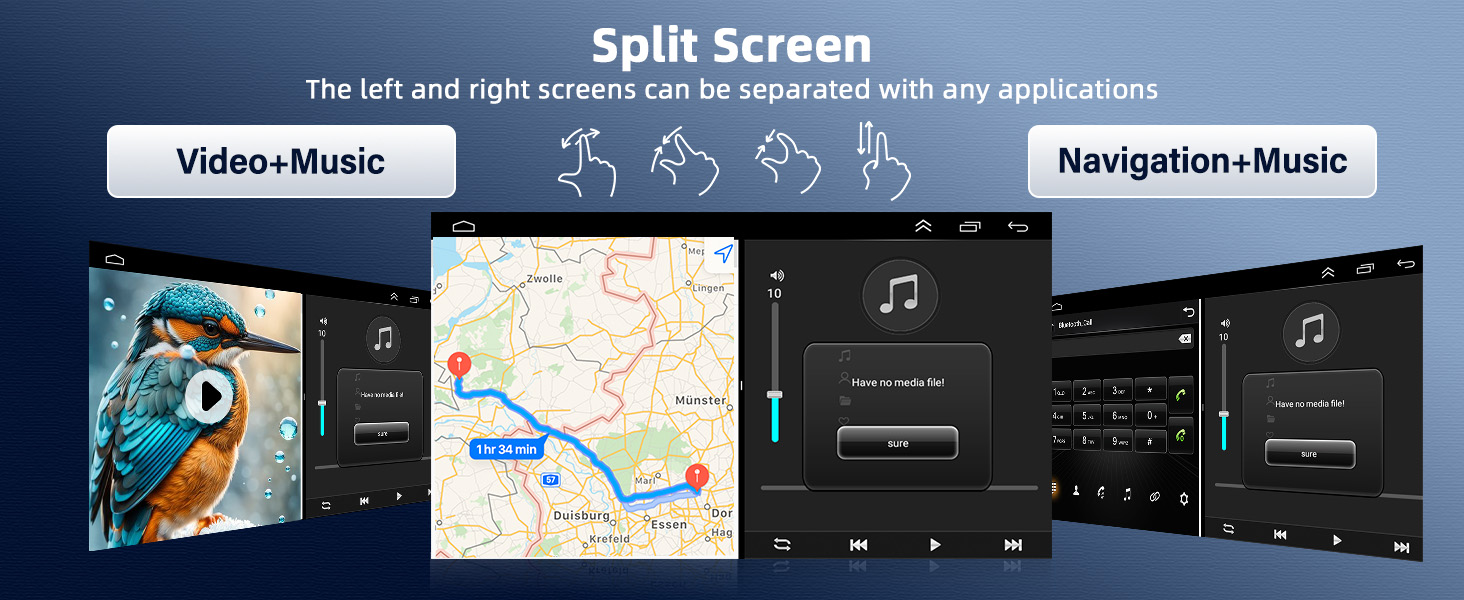 Text reads 'Split Screen', 'Video+Music', 'Navigation+Music'. Dashboard interface showing split-screen capability displaying video/music controls and navigation map simultaneously on one screen.