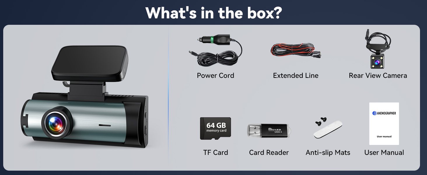 Text reads 'What's in the box?' showing dashboard camera package contents: Power Cord, Extended Lens, Rear View Camera, TF Card, Card Reader, Anti-slip Mats, User Manual.