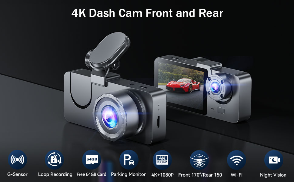 Text reads '4K Dash Cam Front and Rear'. Product interface showing multiple feature icons including camera, wifi, parking mode, and playback functions. Dashboard camera with dual lens system shown in various angles.