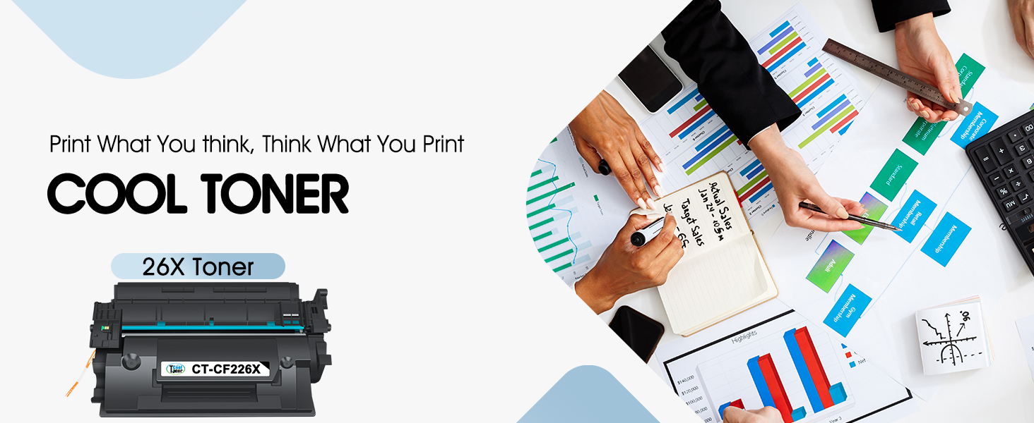 Text reads 'COOL TONER'. Collection of business-related images showing hands working with documents, charts, and office supplies on white surfaces.