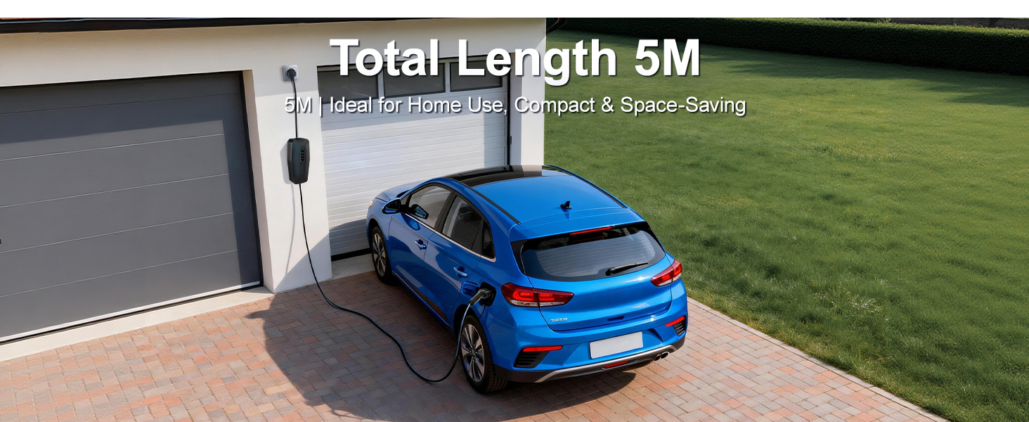Text reads 'Total Length 5M'. Marketing image showing blue vehicle parked in driveway with multiple angle views.