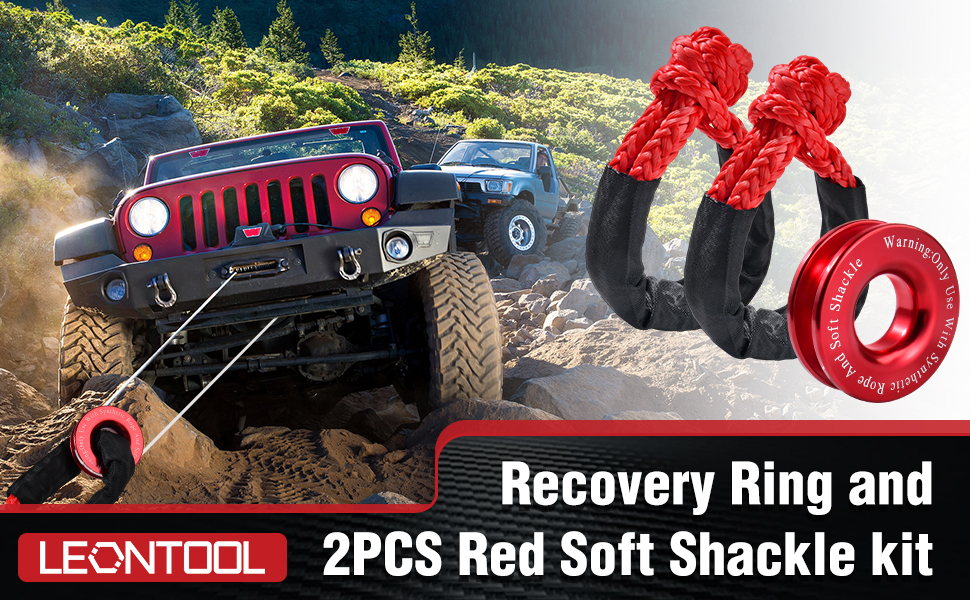 Text reads 'LEONTOOL 2PCS Red Soft Shackle Kit' and 'Recovery Ring'. Product images showing red recovery shackles and ring mounted on off-road vehicle.