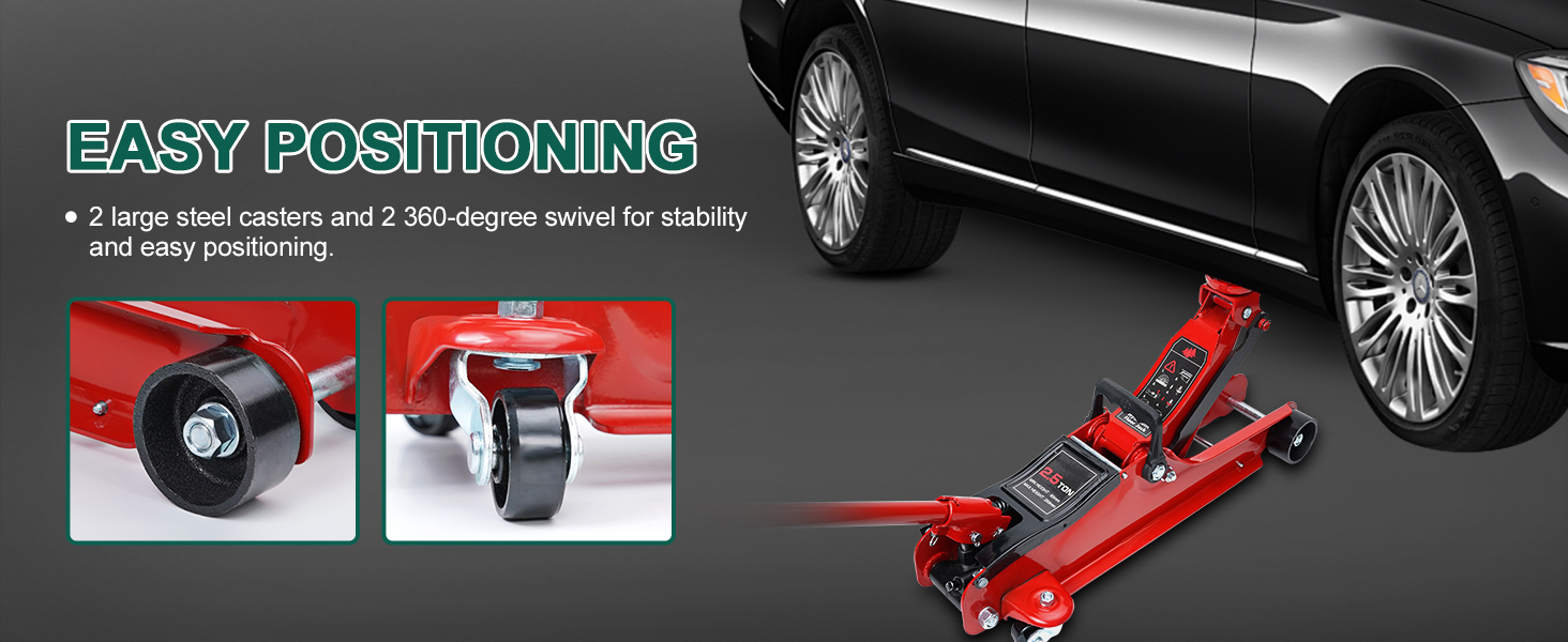 Text reads 'EASY POSITIONING'. Automotive service equipment showing red hydraulic floor jack positioned under vehicle, with technical diagrams and positioning instructions.