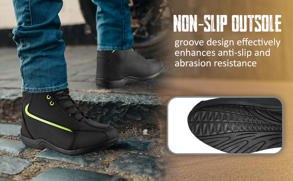 Text reads 'NON-SLIP OUTSOLE' and 'groove design effectively enhances anti-slip and shock absorption'. Close-up views of shoe treads and grip patterns in wet conditions.