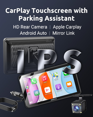 Text reads 'CarPlay Touchscreen with Parking Assistant', 'HD Rear Camera', 'Apple Carplay', 'Android Auto', 'Mirror Link'. Shows car display unit with smartphone integration and backup camera features.