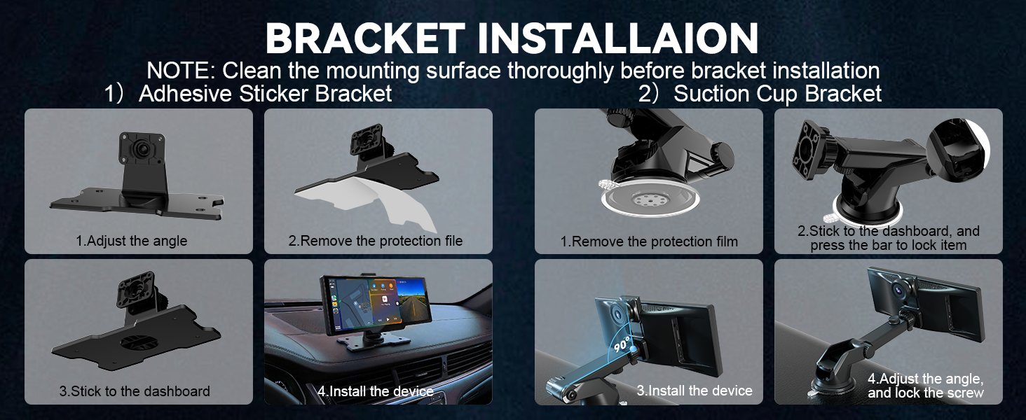 Text reads 'BRACKET INSTALLATION' and 'NOTE: Clean the mounting surface thoroughly before bracket installation'. Step-by-step installation guide showing mounting process with suction cup bracket.