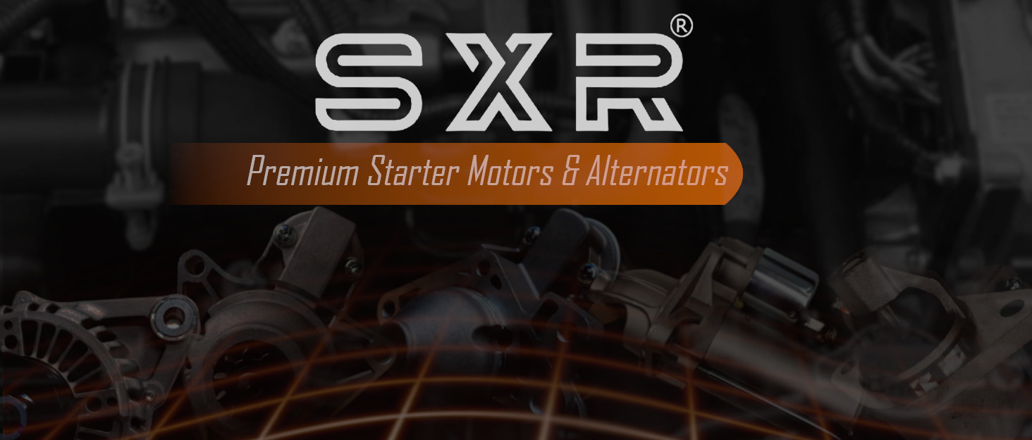 SXR logo for Premium Starter Motors & Alternators, displayed over blurred automotive engine components background.