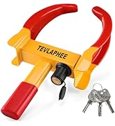 Yellow steering wheel lock device for automobiles shown installed on a car steering wheel, with separate set of keys displayed. Device has hook-style design for security.