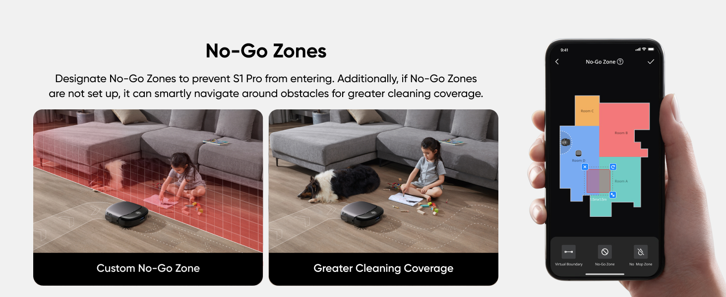 Robot vacuum cleaner interface showing No-Go Zones feature with mobile app screenshot and demonstration of custom cleaning area settings.