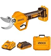 Yellow and black cordless hedge trimmer with serrated blade, two battery packs, and charger. Tool features ergonomic handle and extended cutting reach.