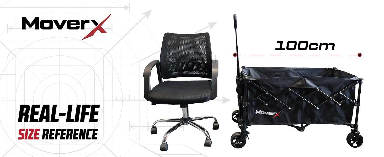 Text reads 'MoverX', 'REAL-LIFE SIZE REFERENCE', '100cm'. Shows black office chair and black foldable cart/wagon for size comparison demonstration.