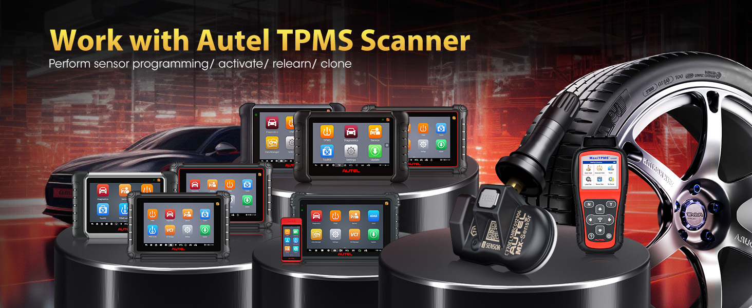 Display of Autel TPMS Scanner product line showing multiple diagnostic devices with screens and a headset for automotive tire pressure monitoring.