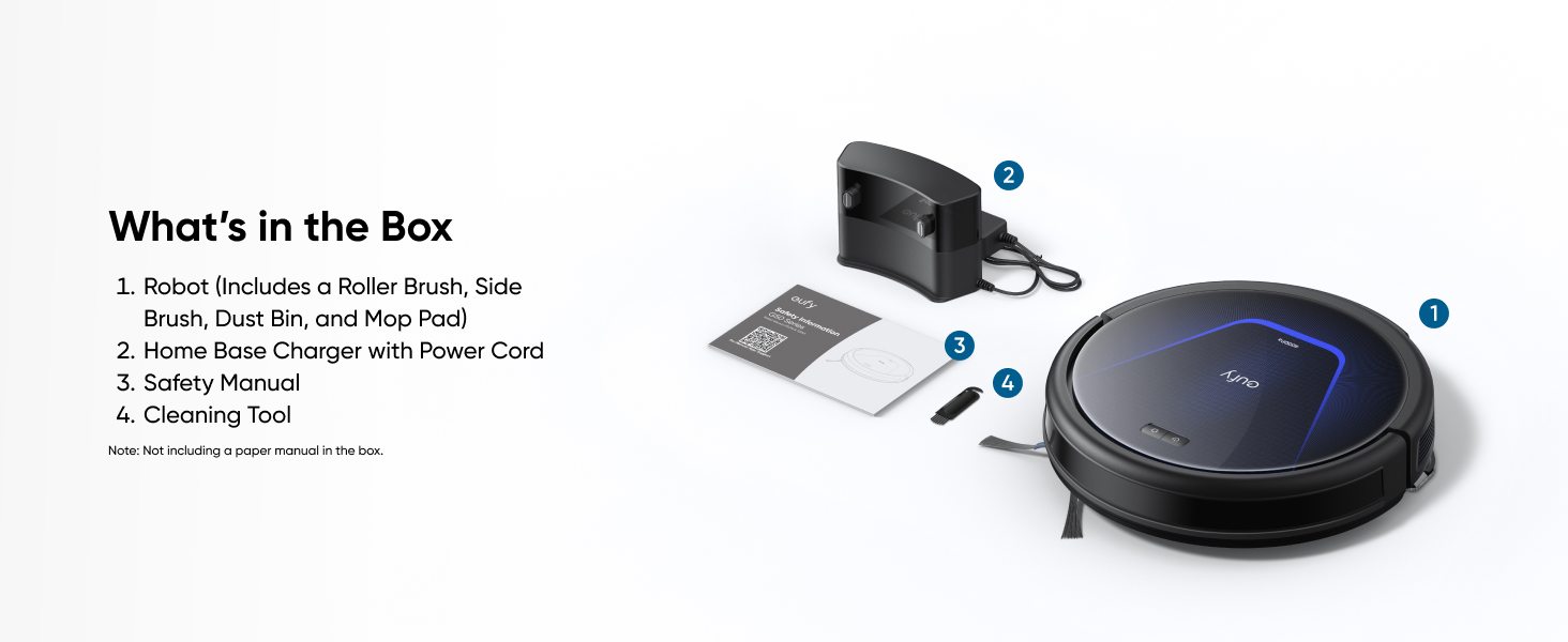Robot vacuum cleaner product contents display showing the main unit, charging base, and included accessories with numbered callouts.