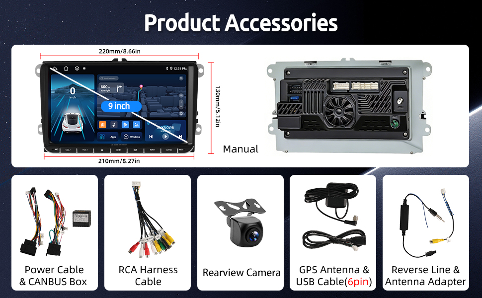 Text reads 'Rearview camera' and 'AHD Camera Includ'. Multiple panels showing installation of a car backup camera system with blue highlighted visualization of camera coverage area.