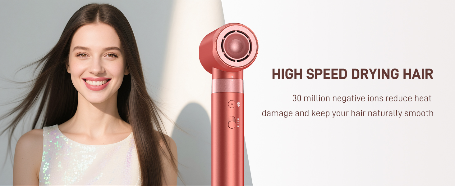 Text reads 'HIGH SPEED DRYING HAIR' with tagline 'reduce frizz and damage and keep your hair air-silky smooth.' Red high-speed hair dryer with circular design shown with woman model displaying long dark hair.